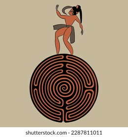 Ancient Mayan man dancing on a round spiral maze or labyrinth symbol. Mystery of Native American culture. Creative concept. 