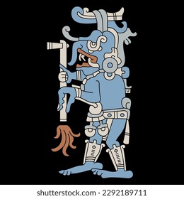 Ancient Mayan monster deity holding a torch. Rain god Chaac. Codex design. On black background.