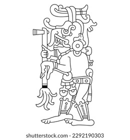 Ancient Mayan monster deity holding a torch. Rain god Chaac. Codex design. Black and white linear silhouette.