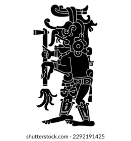 Antike Maya-Monsterdeie, die eine Fackel hält. Codex-Design. Schwarz-Weiß-Silhouette.