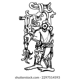 Antike Maya-Monsterdeie, die eine Fackel hält. Regen Sie Gott Chaak. Codex-Design. Handgezeichnete lineare Doodle grobe Skizze. Schwarze Silhouette auf weißem Hintergrund.