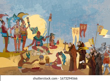 Antiguo maya. Pintura mural. Viejos frescos. Conquistadores y pueblo azteca e inca. Pirámide y tribu. Arte maya. Conquista de América. Antecedentes históricos. Anciana historia mesoamericana mexicana