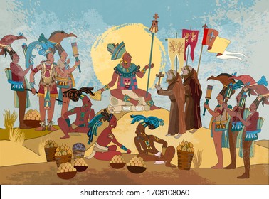 Ancient Mayan. Mural Painting. Old frescos. Conquistadors and Aztec and Inca people. Pyramid and tribe. Maya art. Conquest of America. Historical background. Ancient mexican mesoamerican history 