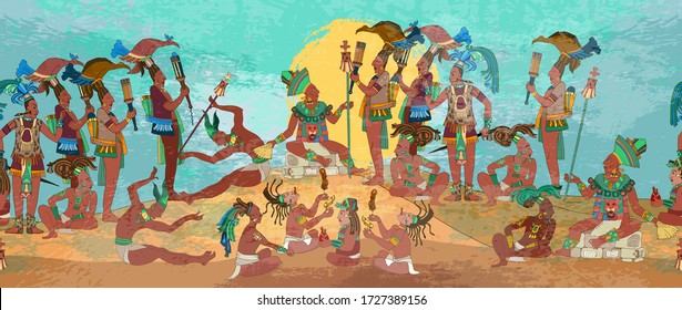 Ancient Mayan. Mural Painting. Seamless pattern. Old frescos style. Conquistadors and Aztec and Inca people. Pyramid and tribe. Maya background. Historical art. Ancient mexican history 