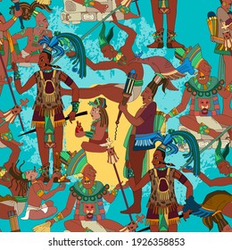 Ancient Mayan. Mural Painting. Seamless pattern. Maya background. Historical art. Ancient mexican history. Old frescos style. Aztec and Inca people 