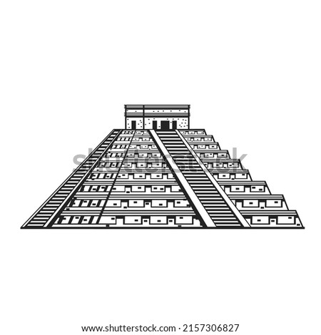 Ancient Mayan pyramid drawn outline vector icon, famous tourist landmark of Mexico, Aztec pyramid illustration in retro style.