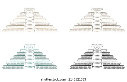 Ancient Mayan Pyramid Vector Illustration. Mexico Pyramid Line Drawing
