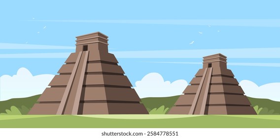 Ancient mayan pyramids landscape scene. Ancient historical temple architectural stone monuments on green grass. Vector stock