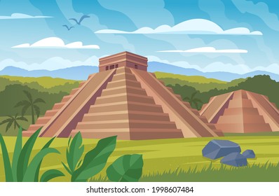 Ancient mayan pyramids. Landscape with south american landmarks, Chichen Itza and Kukulkan temples, ancient historical architectural stone monuments on green grass. Flat cartoon vector illustrations