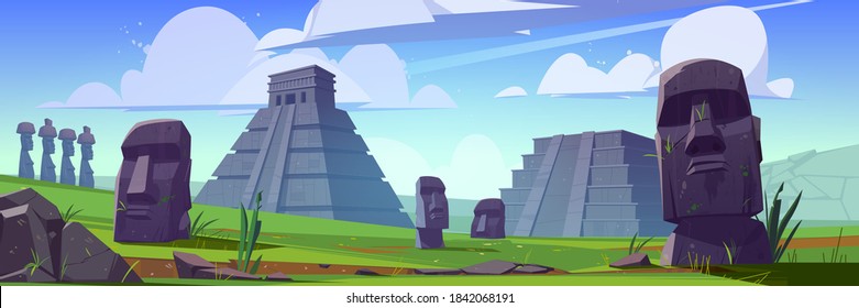 Ancient mayan pyramids and moai statues on Easter island. Vector cartoon landscape with south american landmarks, Chichen Itza and Kukulkan temples, stone sculpture on green grass