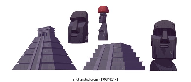 Ancient mayan pyramids and moai statues from Easter island. Vector cartoon set of south american landmarks, Chichen Itza and Kukulkan temples, stone sculpture isolated on white background