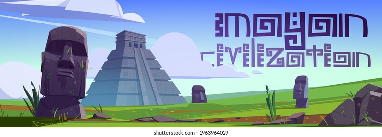 Ancient mayan pyramids and moai statues on Easter island. Vector poster with cartoon landscape with south american landmarks of Maya civilization, stone sculpture on green grass