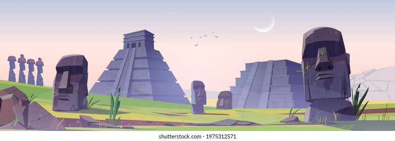 Ancient mayan pyramids and moai statues on Easter island sunrise morning landscape. South american landmarks Chichen Itza and Kukulkan temples with stone sculptures heads, Cartoon vector illustration
