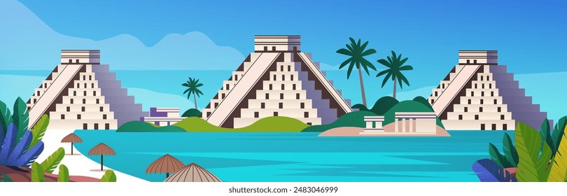 Ancient Mayan pyramids tropical landscape with palm trees and beach