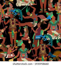 Ancient Mayan. Seamless pattern. Mural painting art. Old frescos style. Aztec and Inca people. Pyramid and tribe. Maya background. Historical art 