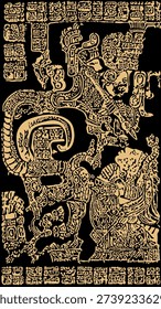  Ancient Mayan style tattoo. Icon Pack, symbols, letters, masks and pictures of the ancient Maya and Toltec civilization 
The Mayan alphabet. Ancient signs of America on a black background.