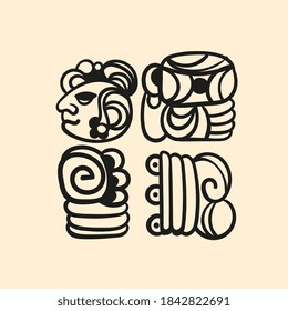 Ancient mayan tattoo alphabet, tattoo picture. Mexican mesoamerican glyph, hieroglyphic. Maya civilization collection. Old school tattoo style. Vector illustration