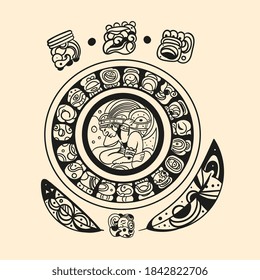 Ancient mayan tattoo picture. Mexican mesoamerican glyph, hieroglyphic. Maya civilization collection. Old school tattoo style. Vector illustration