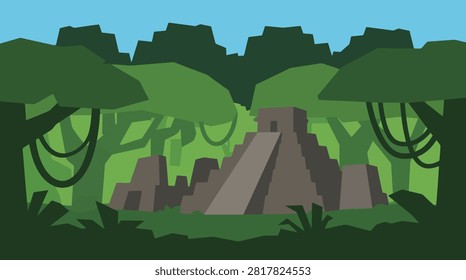 Ancient mayan temple pyramid in deep tropical jungle forest with rainforest
