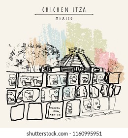 Ancient Mayan temples in Chichen Itza, Yukatan, Mexico. Tzompantli (skull rack) with the Kukulkan crypt tomb pyramid El Castillo on background. Hand drawn postcard or poster in retro style