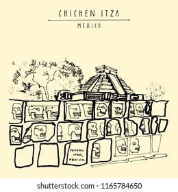 Ancient Mayan temples in Chichen Itza, Yukatan, Mexico. Tzompantli (skull rack) with the Kukulkan crypt tomb pyramid El Castillo on background. Hand drawn postcard or poster in retro style