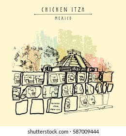 Ancient Mayan temples in Chichen Itza, Yukatan, Mexico. Tzompantli (skull rack) with the Kukulkan crypt tomb pyramid El Castillo on background. Hand drawn postcard, poster. Retro style. Vector