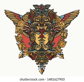 Ancient Mayan totem. Aztec god. Gold idol with wings. Mexican mesoamerican mythology. Color tattoo and t-shirt design 