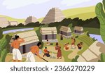 Ancient Mayan village with huts. Maya civilization life. Native American, Indian tribe cooking, working. Aztec pyramids, religion. Mexican landscape with tribal buildings. Flat vector illustration