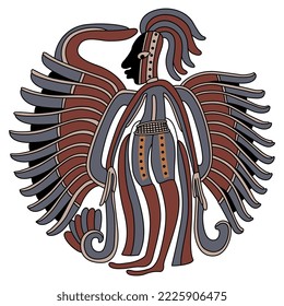 Ancient Mayan warrior with feathered wings. Pre Columbian Native American design. Isolated vector illustration.