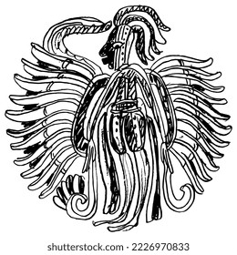Ancient Mayan warrior with feathered wings. Pre Columbian Native American design. Hand drawn linear doodle rough sketch. Black silhouette on white background.