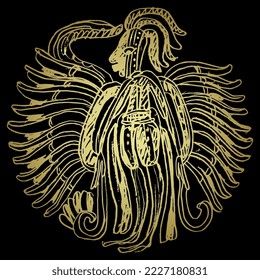 Ancient Mayan warrior with feathered wings. Pre Columbian Native American design. Hand drawn doodle rough sketch. Golden silhouette on black background.