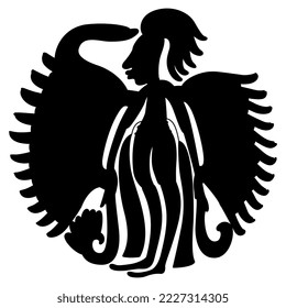 L'ancien guerrier maya aux ailes plumées. Conception précolombienne amérindienne. Silhouette noire sur fond blanc.