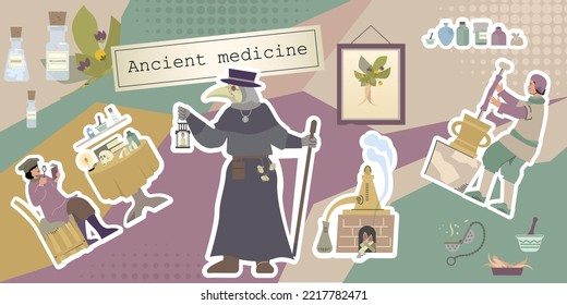 Ancient medicine flat composition with collage of images human characters of healers with medical appliances flasks vector illustration