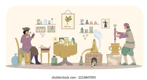 Ancient medicine flat composition with indoor scenery and two vintage healers preparing mixture and reading books vector illustration