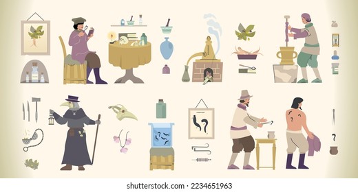 Ancient medicine flat set with isolated icons of vintage medical supplies alchemic flasks prehistoric aid methods vector illustration