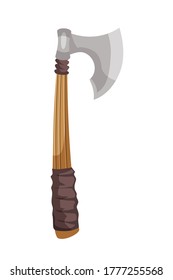 Antiguo hacha medieval de batalla aislada en fondo blanco. Objeto de armas de manejo histórico, batalla militar. Ilustración vectorial plana de equipos de ataque vikingos o guerreros tradicionales, caza 