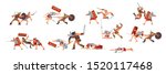 Ancient and medieval battle scene. Slave revolt. Roman legions and gladiator warriors of figures as separate objects, fight between warriors on a white isolated background. Vector flat, cartoon style