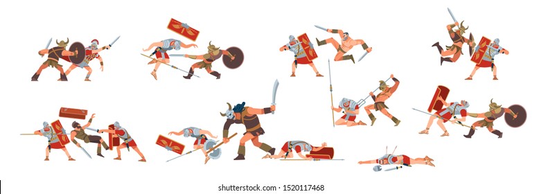 Ancient and medieval battle scene. Slave revolt. Roman legions and gladiator warriors of figures as separate objects, fight between warriors on a white isolated background. Vector flat, cartoon style