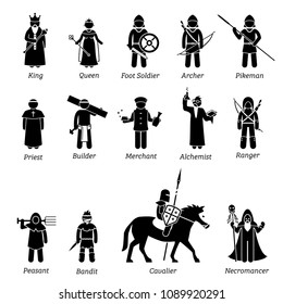 Ancient medieval characters classes and warriors icon set.