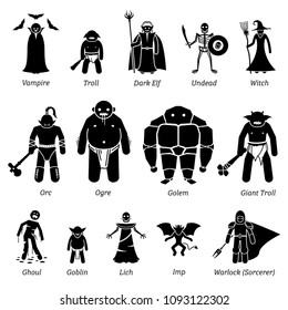 Ancient Medieval Fantasy Evil Characters, Creatures, And Monsters Icon Set.