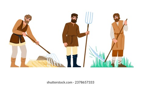 antiguo vector de granjero medieval. arte histórico, historia histórica, antiguo personaje de un antiguo granjero medieval. ilustración de dibujos animados planos de personas