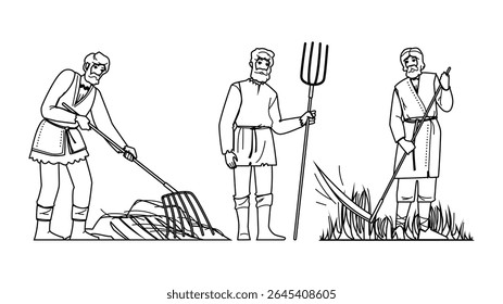 vetor agricultor medieval antigo. arte histórica, conjunto histórico, história antigo antigo caráter agricultor medieval. pessoas linha preta lápis desenho ilustração