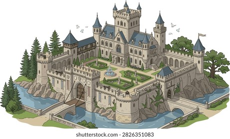 Ancient medieval gothic castle fortress with stone walls defense towers inner courtyard garden fountain and surrounding moat water vector illustration