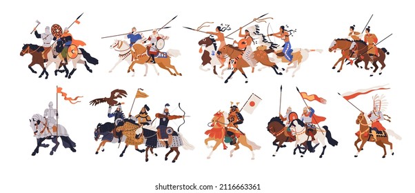 Ancient, medieval horse warriors, history set. Military horsemen ride horseback, armoured with arrows, spears, swords. Mounted fighters. Flat graphic vector illustrations isolated on white background