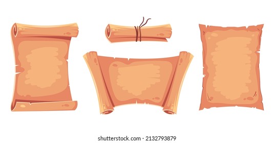 Antiguo concepto de diploma de pergamino curvado mágico medieval. Ilustración de dibujos animados de diseño gráfico plano vectorial