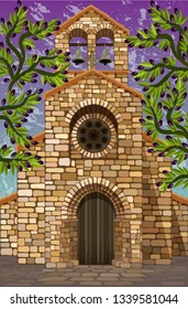 Ancient medieval spanish church in romanesque style with olive tree, vector illustration