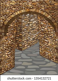 Ancient medieval street with a stone arch. vector illustration