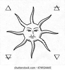 Ancient Medieval Sun Face Icon and Alchemy Fire Air Earth Water Signs Engraving Illusion - Black Elements on White Rough Paper Background - Pictogram Symbol Woodcut Style