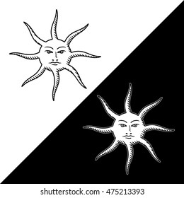 Ancient Medieval Sun Face Sign Yin Yang Style Icon Engraving Illusion - Black and White Elements on Opposite Color Background - Pictogram Symbol Woodcut