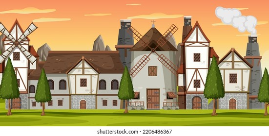 Ancient medieval village background illustration